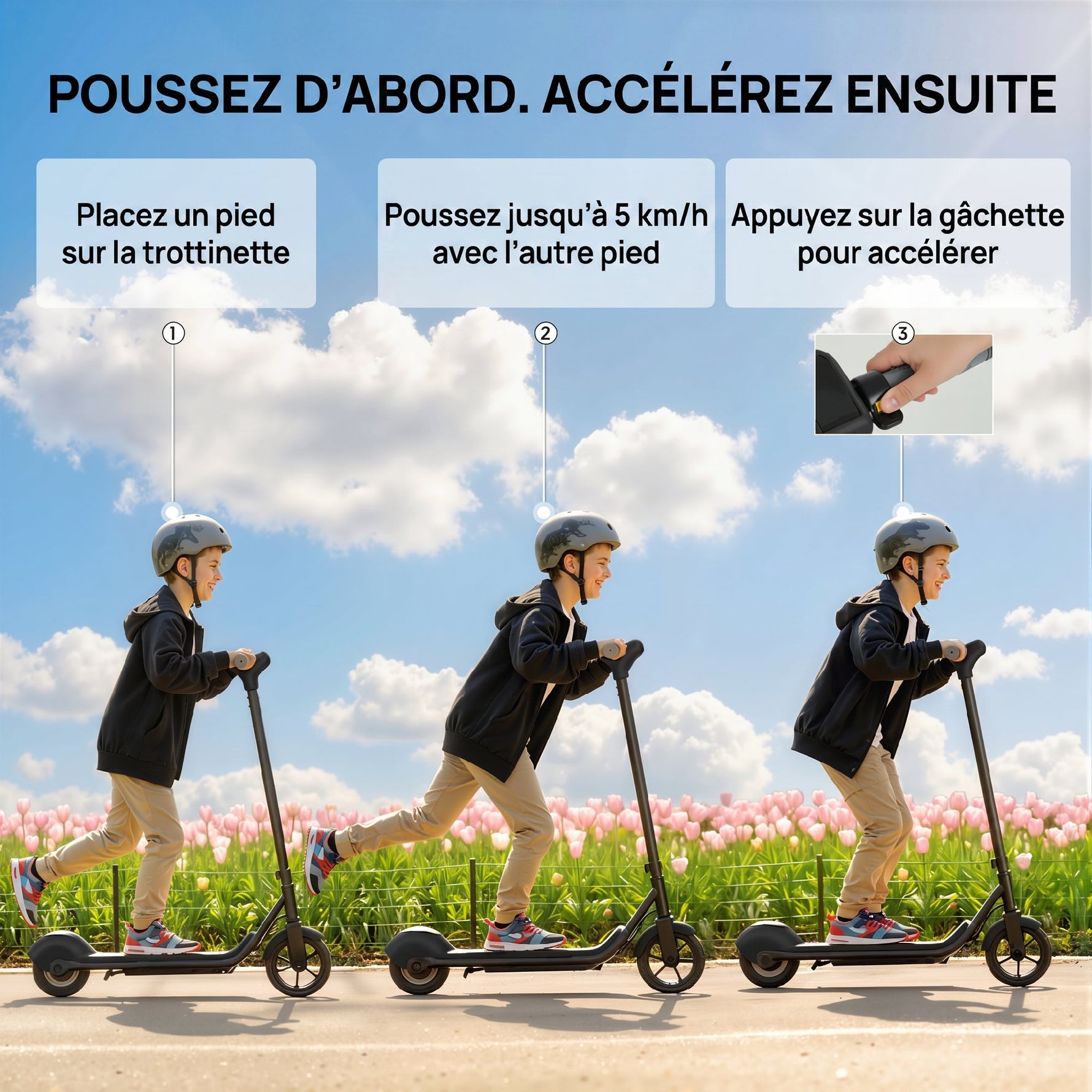 Trottinette électrique enfants 6-14 ans, écran LED, lumières RGB, pneus 6,5'', vitesse 10 km/h, démarrage au kick, noir