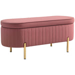 Banc de rangement, bout de lit en velours avec couvercle, pieds en métal, capacité 72 L, 108x44x43,5cm, rose
