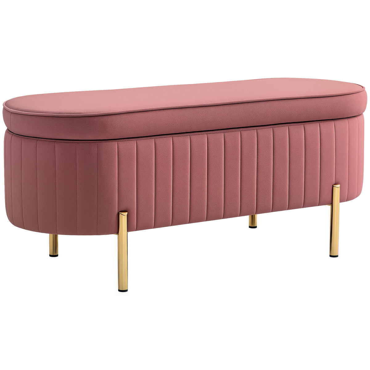 Banc de rangement, bout de lit en velours avec couvercle, pieds en métal, capacité 72 L, 108x44x43,5cm, rose