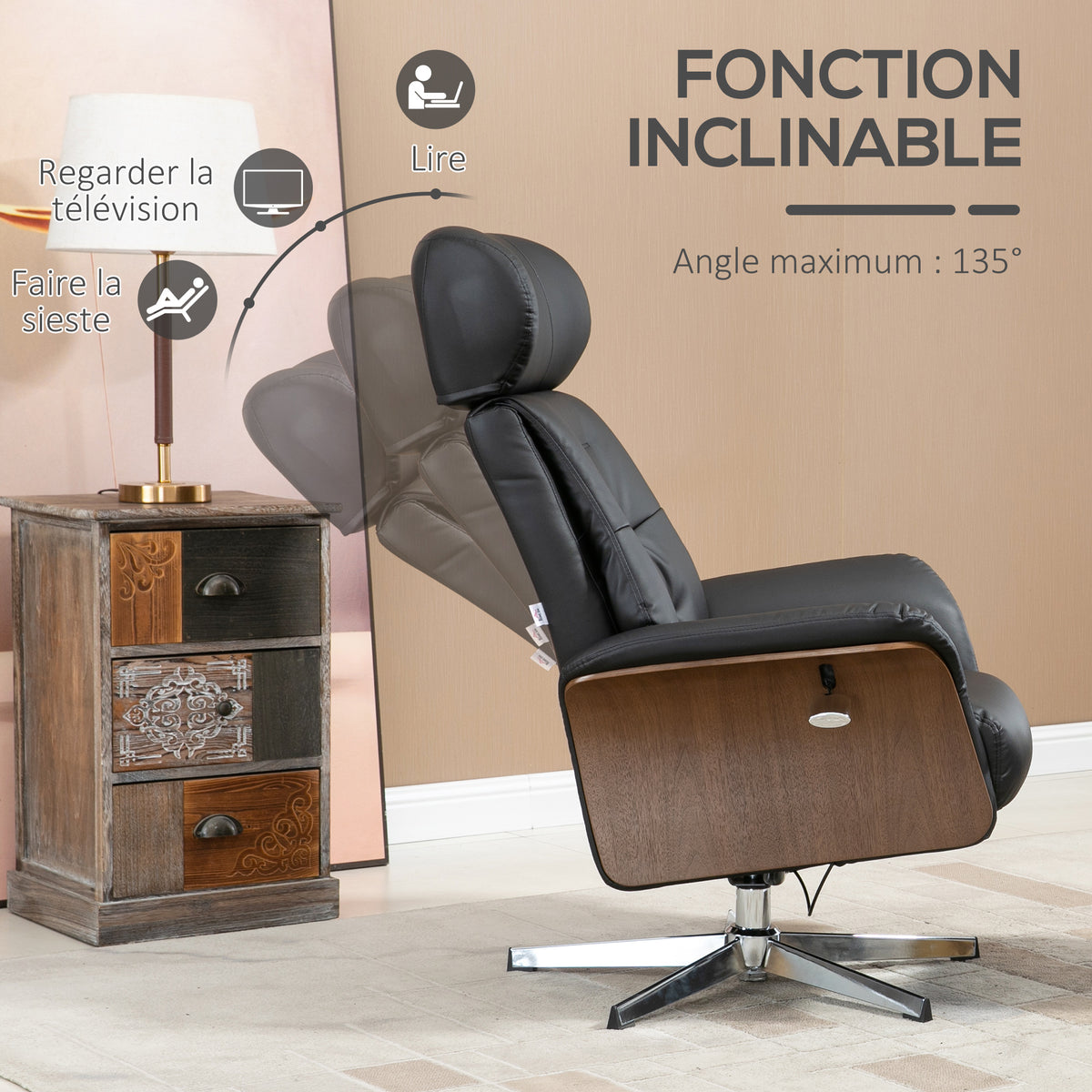 Fauteuil relax avec repose-pied, fauteuil de relaxation avec dossier inclinable, têtière réglable, 80x84x108cm, noir