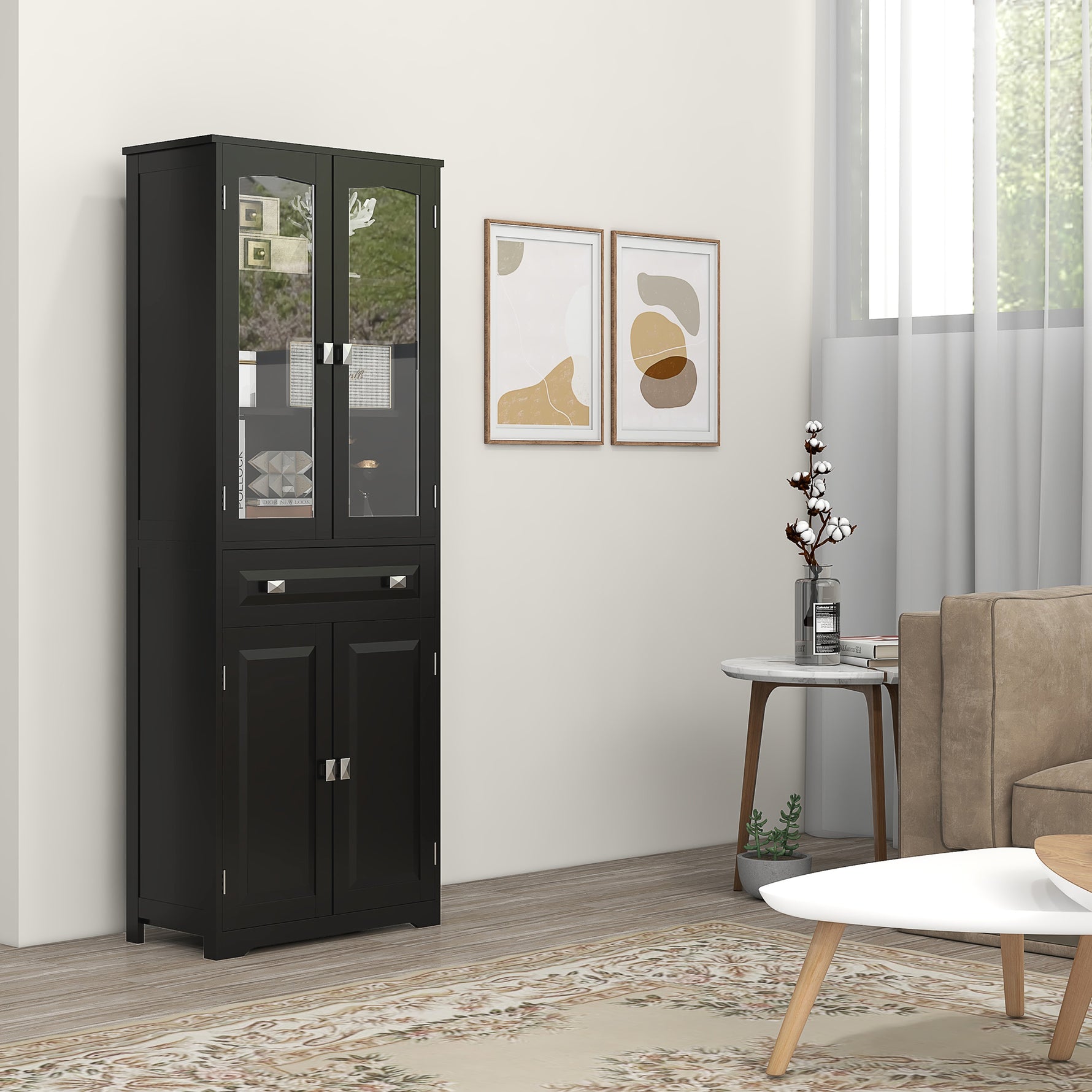 Buffet haut armoire de cuisine 4 portes dont 2 portes vitrées et 1 tiroir hauteur 160 cm avec étagères en bois noir