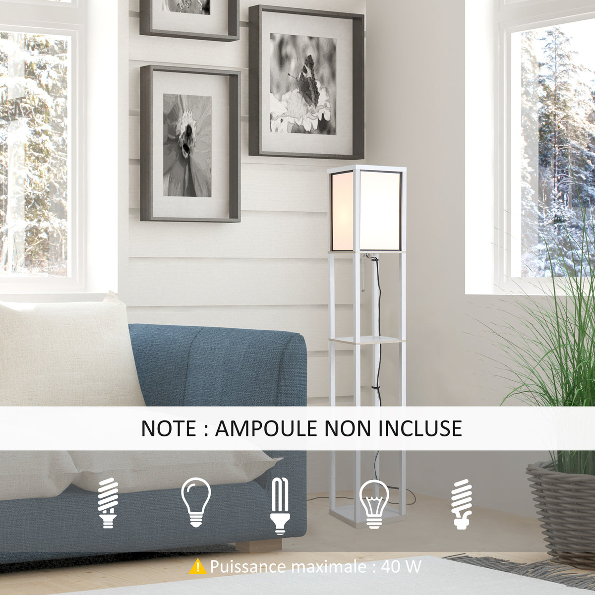 Shelf floor lamp 26L x 26W x 160H cm 3 shelves 4 levels White MDF