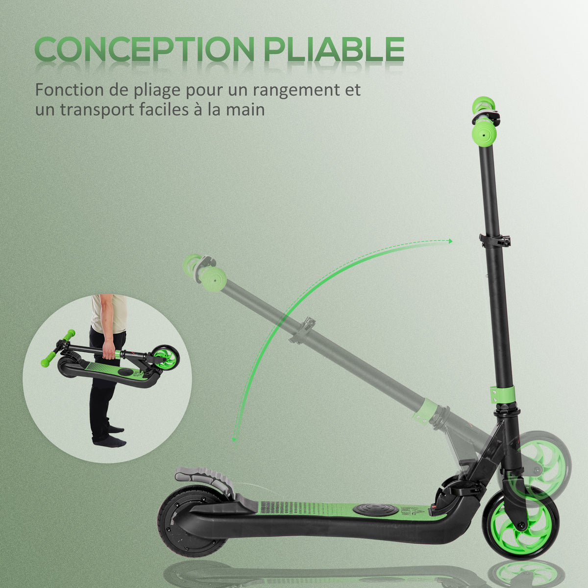 Electric scooter for children 6+ years, foldable, 8 km/h, 71x36.5x75-80cm, aluminum, steel, green