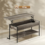 Table basse avec plateau relevable, table de salon avec compartiment caché et étagère ouverte, 95x40x59cm, gris