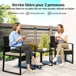 Salon de jardin extérieur en résine tressée 2 personnes, table de jardin avec 2 chaises, plateau en verre trempé, marron