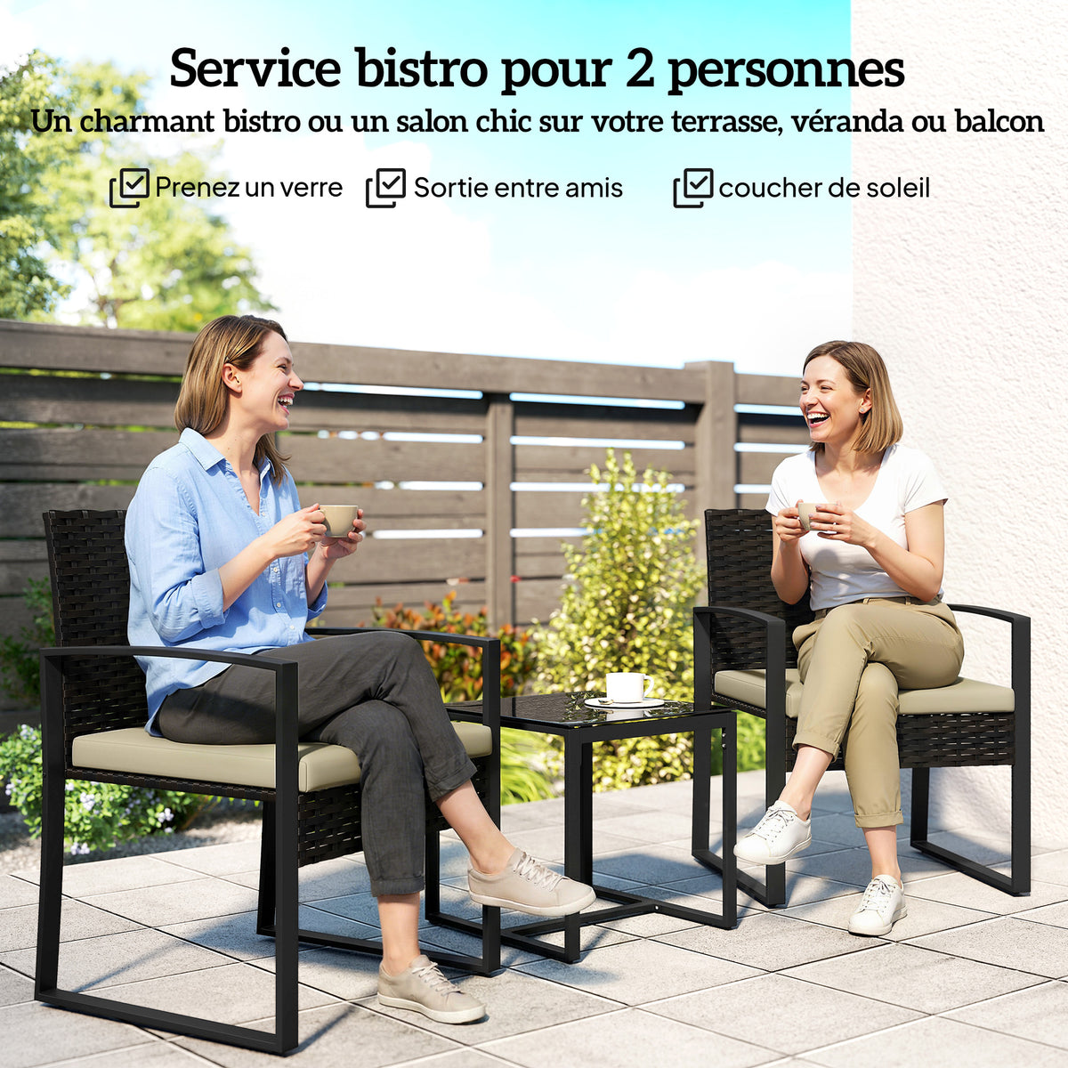 Salon de jardin extérieur en résine tressée 2 personnes, table de jardin avec 2 chaises, plateau en verre trempé, marron