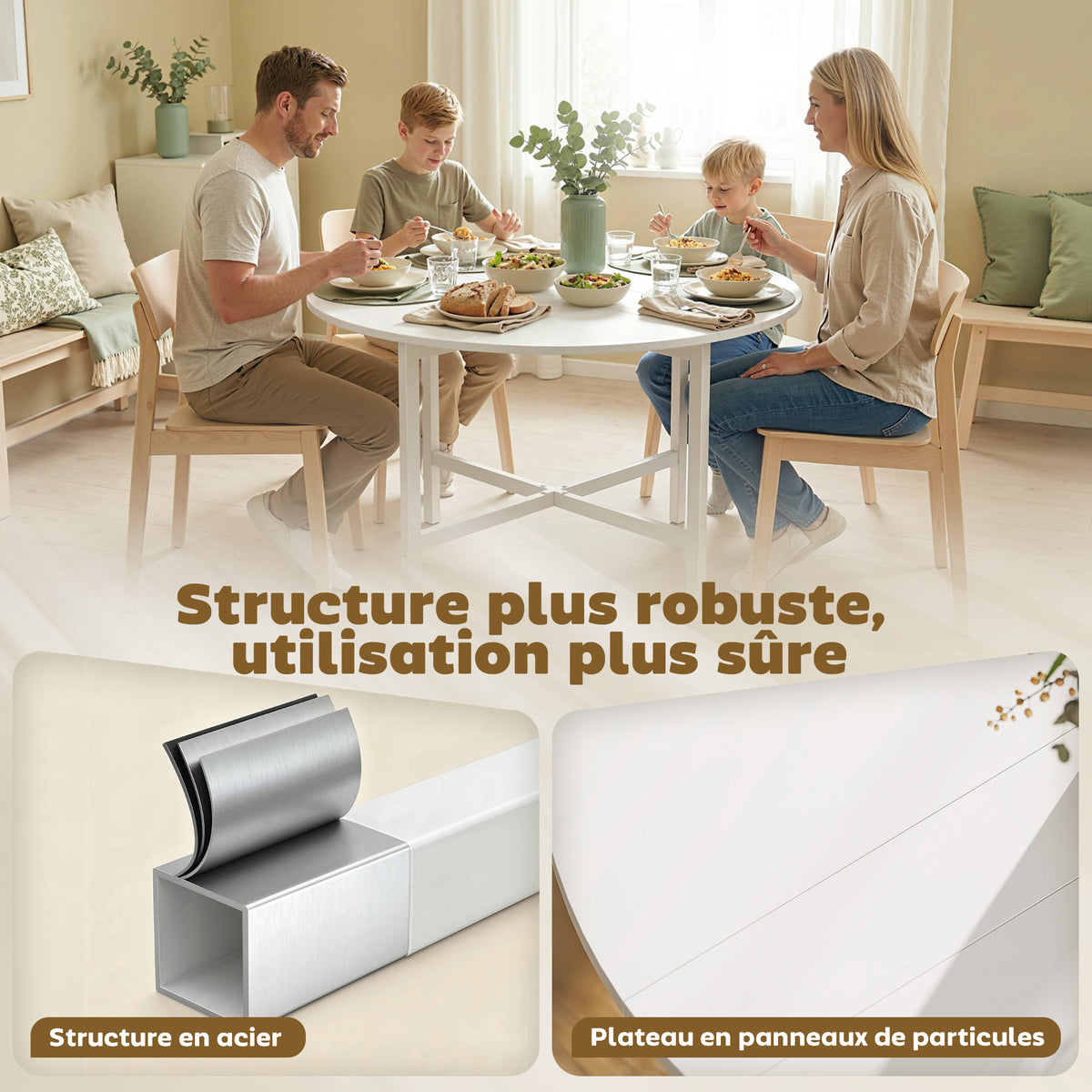 Tavolo da pranzo pieghevole, tavolo da cucina rotondo Ø 80 cm per 4 persone con 2 ribalte, gambe in acciaio, bianco