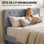 Estructura de cama de 140 x 190 cm con somier, cama doble tapizada en lino, cabecero capitoné, soporte de 10 listones, gris