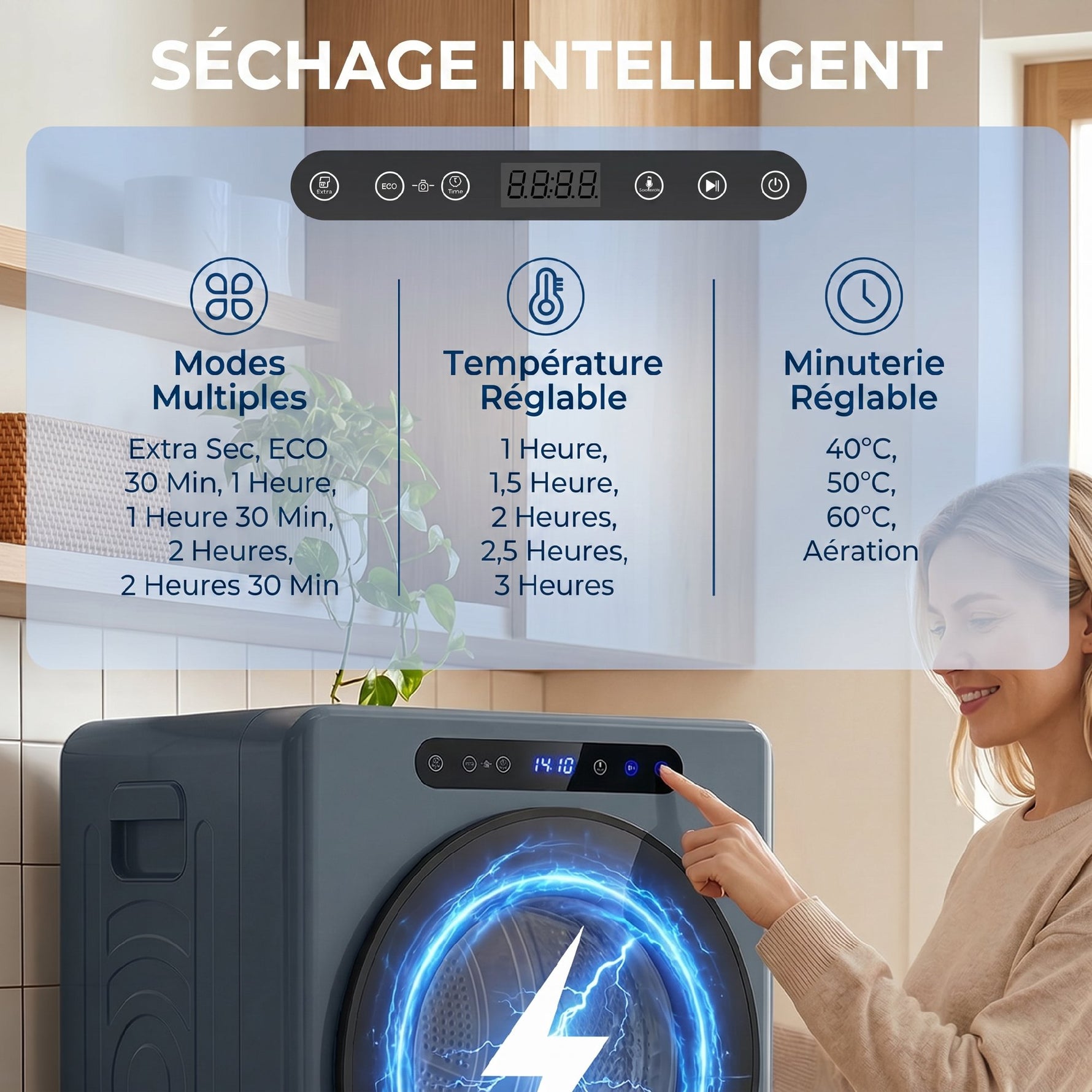 Sèche linge à évacuation, sèche-linge électrique 1000 W 3 Kg, modes Extra Dry et ECO, minuterie, acier inoxydable, bleu