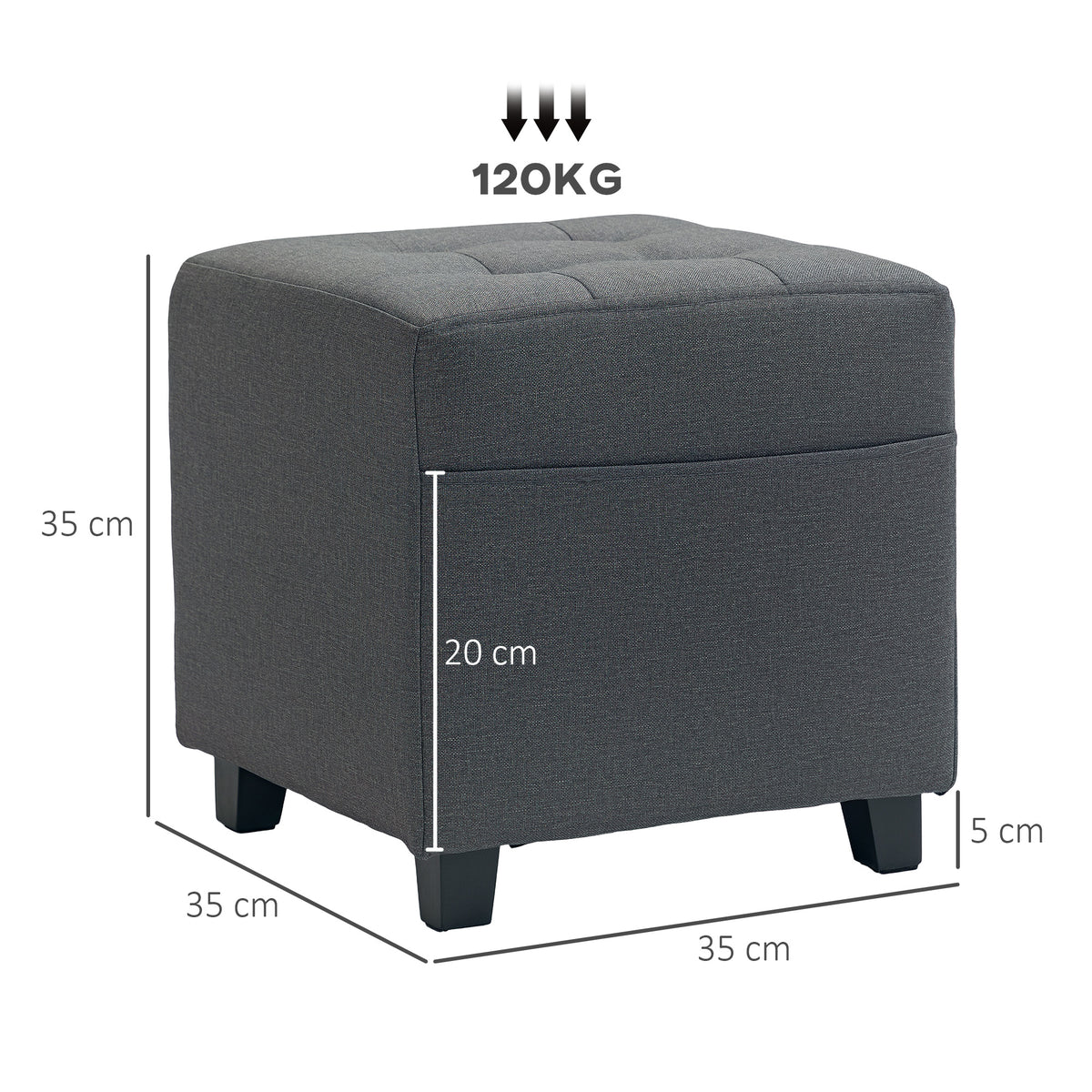 Poggiapiedi da salotto, pouf, seduta imbottita capitonné in tessuto effetto lino con tasca laterale, 35 x 35 x 35 cm, grigio
