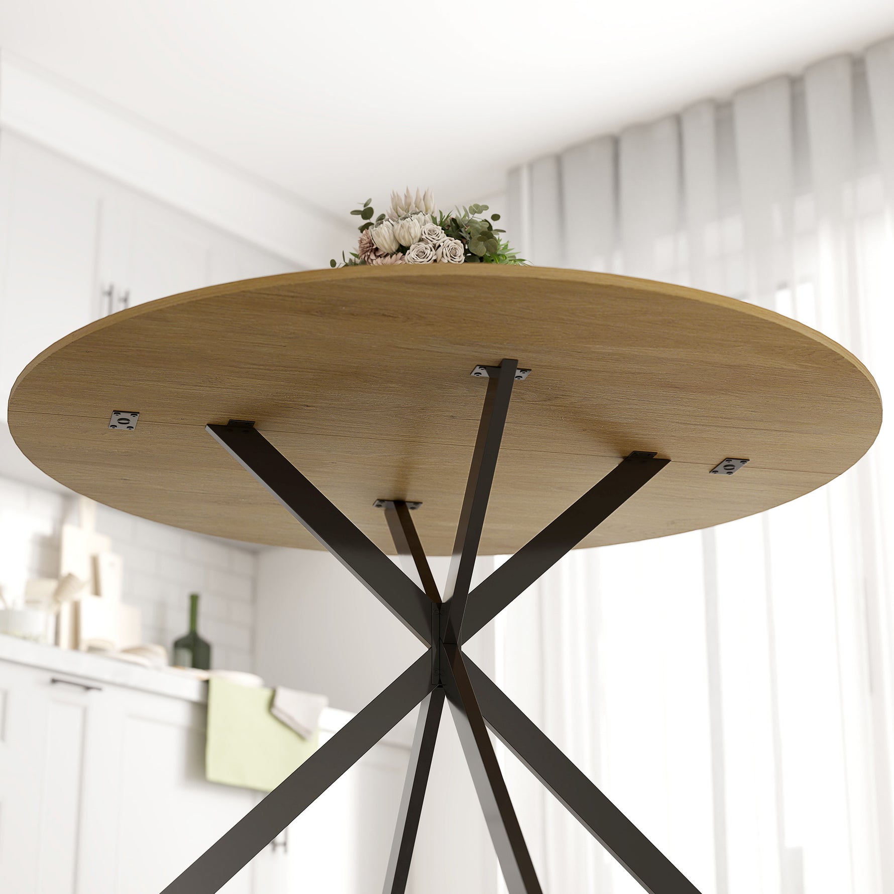 Table à Manger Ronde pour 4 Personnes 100 cm, Style Industriel avec Plateau Aspect Bois, Piètement Croisé en Acier Chêne