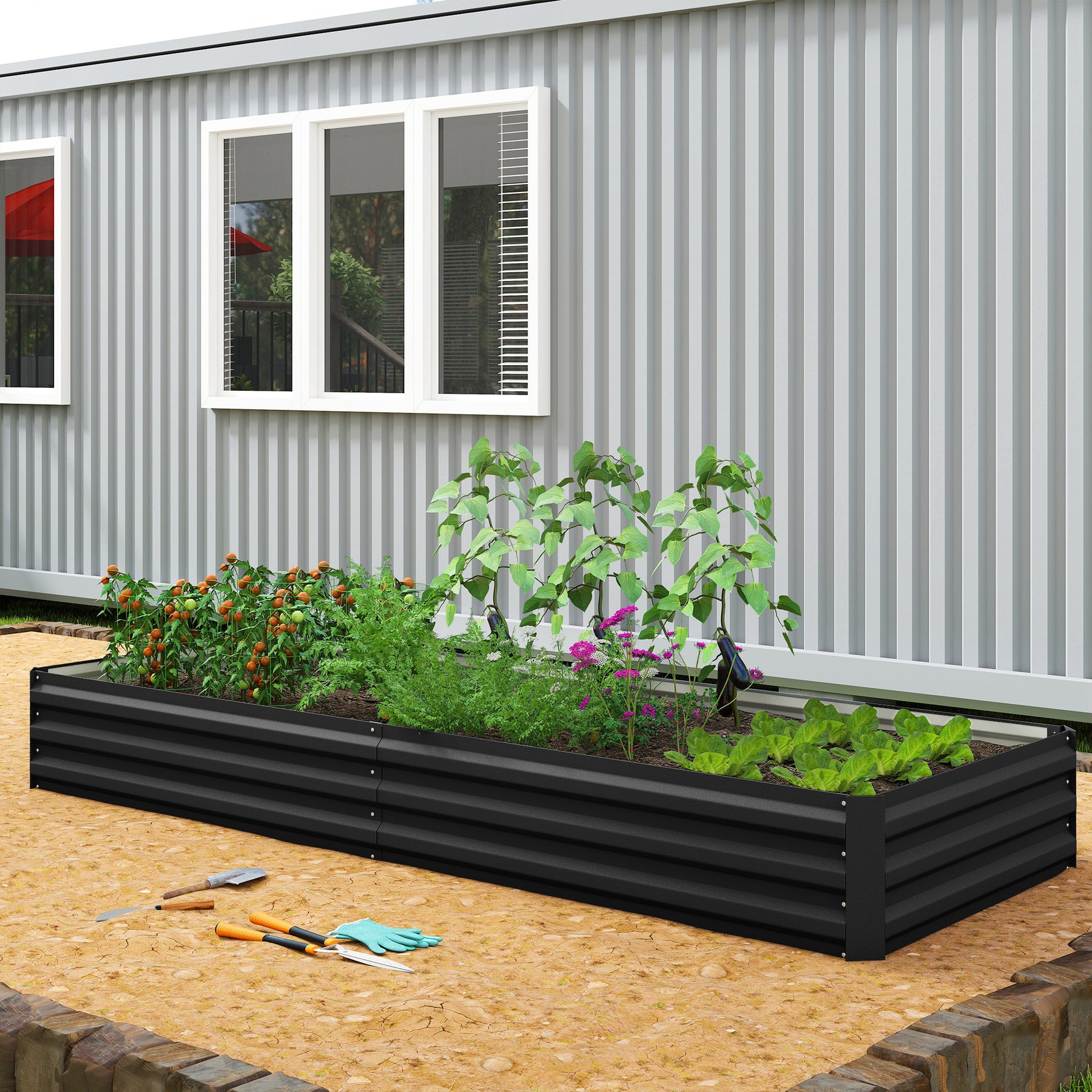 Carré potager de jardin rectangulaire jardinière extérieure 241 x 90,5 x 30 cm tôle d'acier ondulée noir