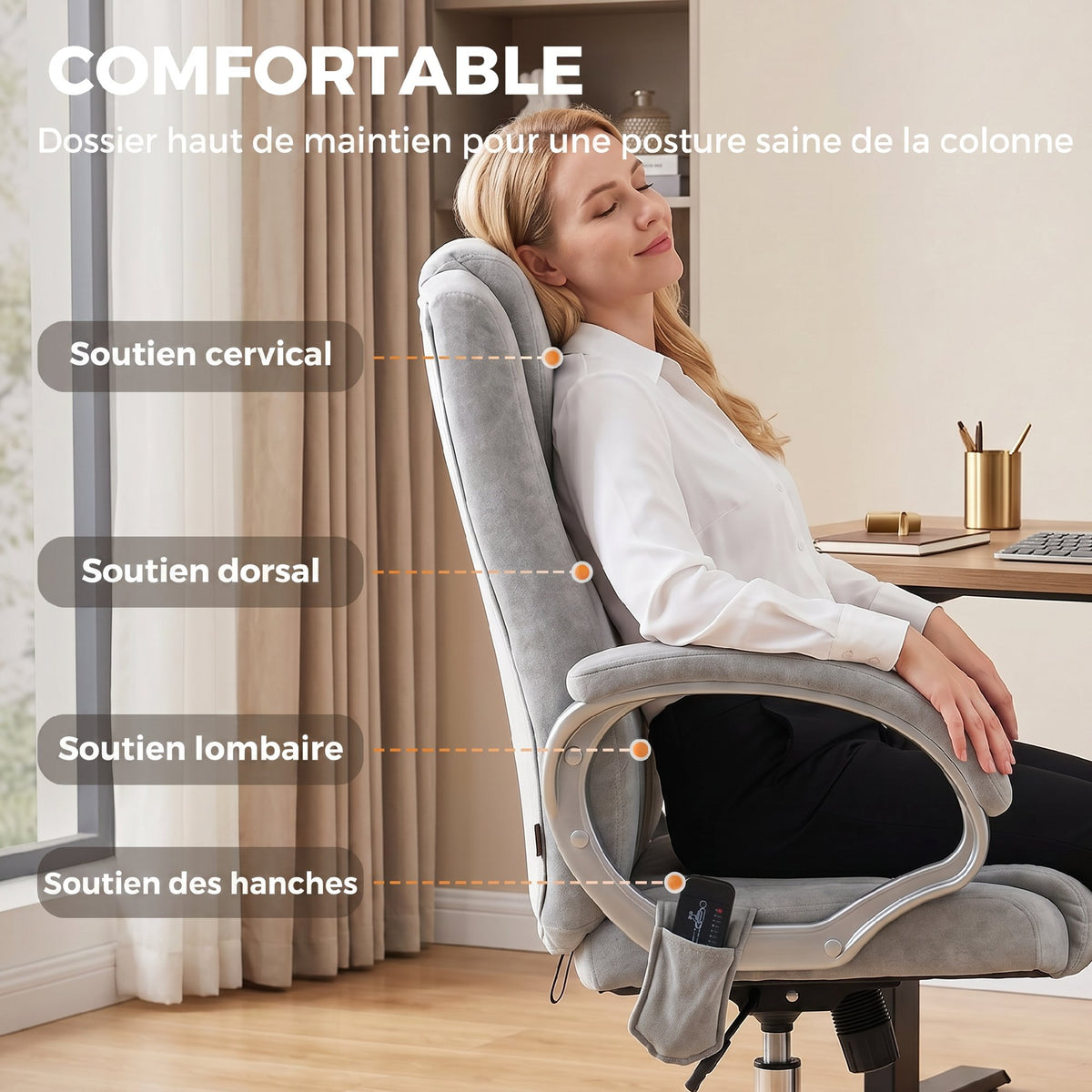 Fauteuil de Bureau Massant et Chauffant, Chaise de Bureau Ergonomique, Hauteur et Accoudoirs Réglables, Gris