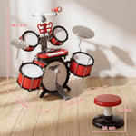 Kinderschlagzeug-Set mit Hocker, elektronischem Keyboard, Mikrofon, USB-Anschluss, 77,5x40x76,5 cm, Rot