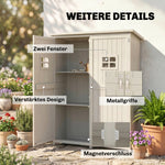 Abri de Jardin en bois Armoire de Jardin dim. 127,5L x 50l x 164H cm 2 étagères 2 Portes 2 fenêtres Toit bitumé étanche Bois Massif Sapin pré-huilé Gris