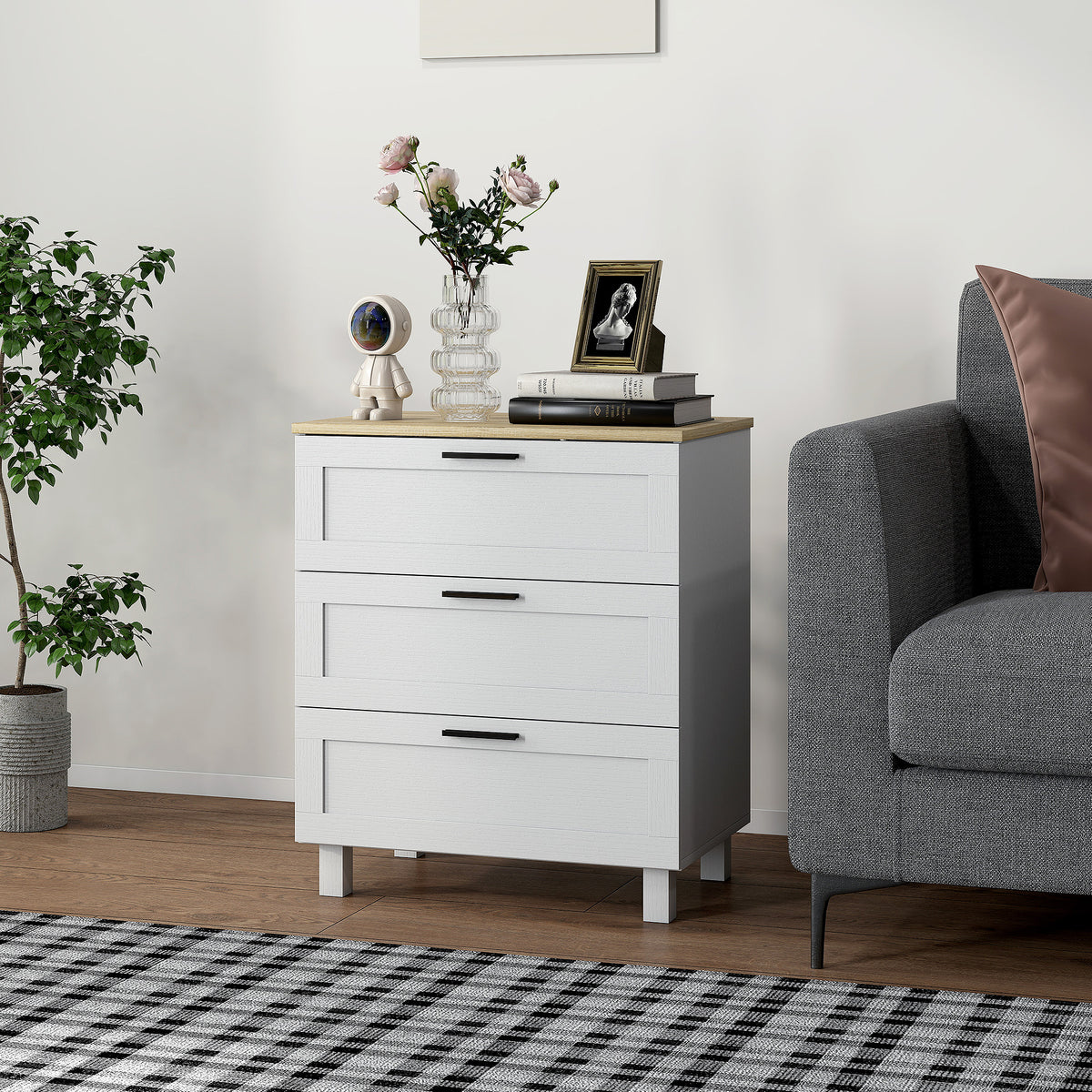 3-drawer dresser, modern storage unit with solid wood legs and wood-effect top, 60 x 38 x 71 cm, white