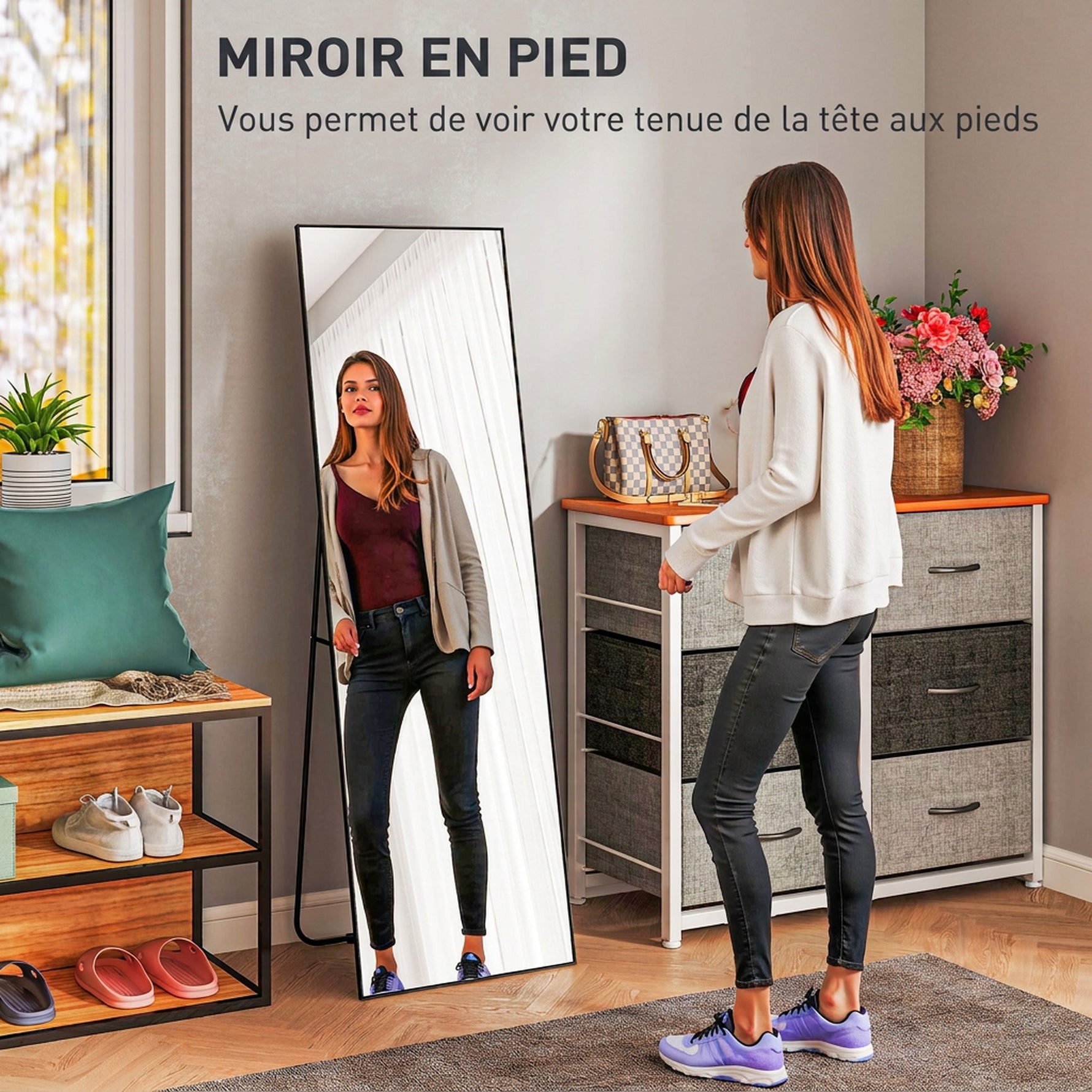 Grand miroir pleine longueur rectangulaire, 50 x 160 cm, miroir sur pied, mural ou pocé contre mur, noir