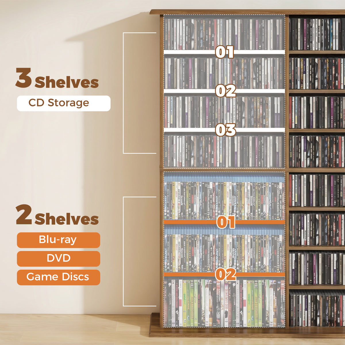 Rangements pour CD et DVD avec 16 compartiments et 12 étagères réglables capacité max. 720 CD/396 DVD et Blu-ray noyer