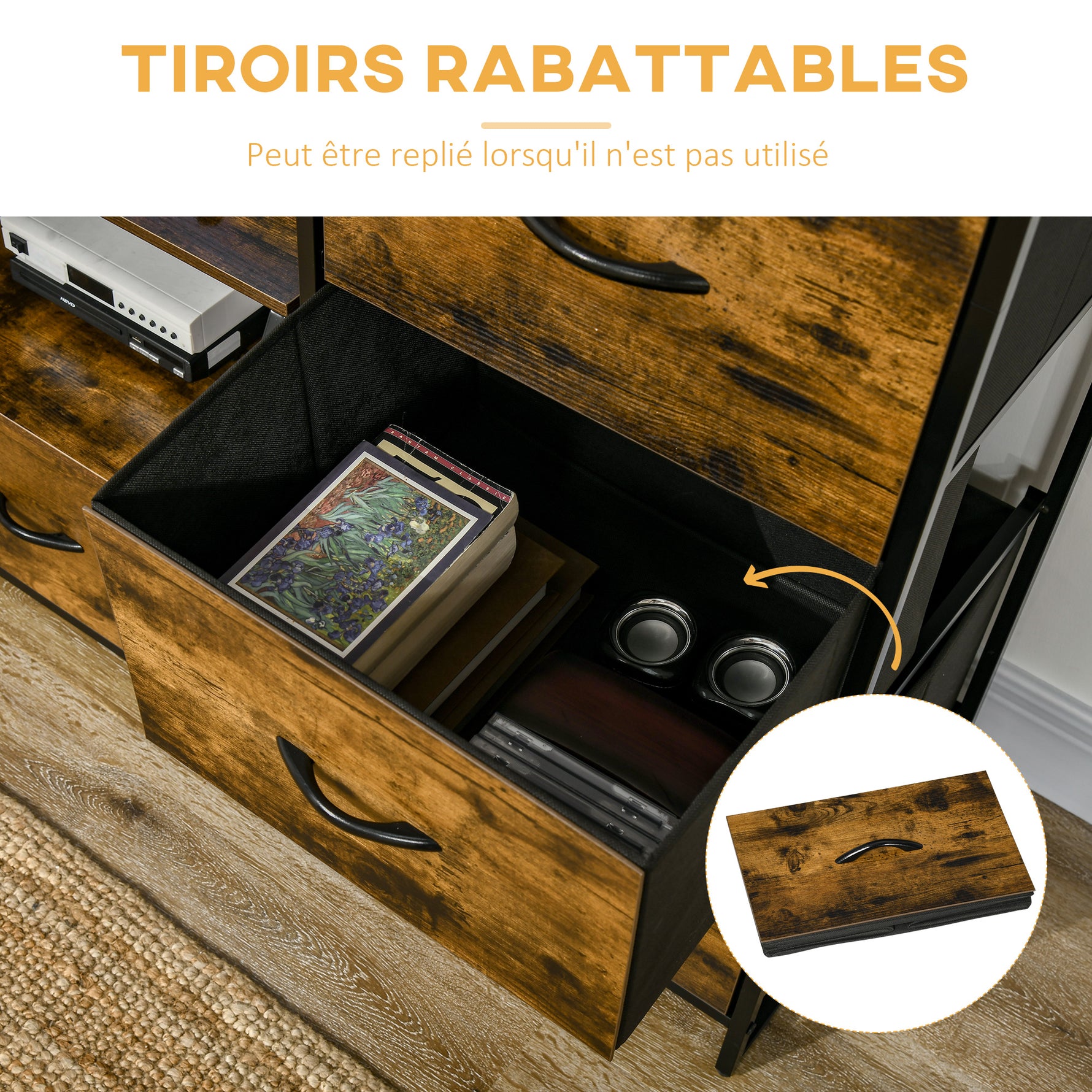 Meuble de rangement avec étagères et 3 tiroirs en tissu pliables amovibles, style industriel, dim. 44L x 40l x 155H cm