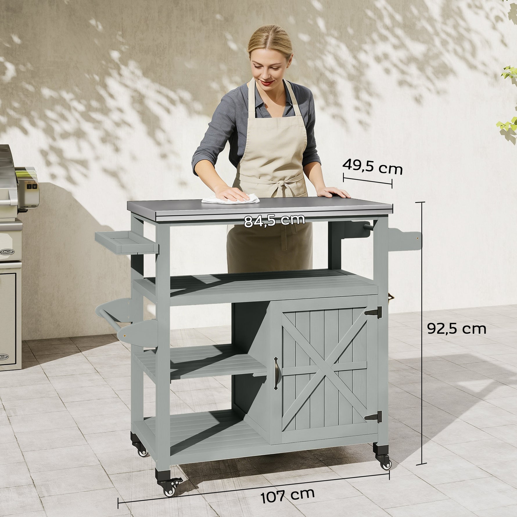 Desserte jardin chariot de barbecue sur roulettes avec plateau en acier inoxydable 107x49,5x92,5cm gris