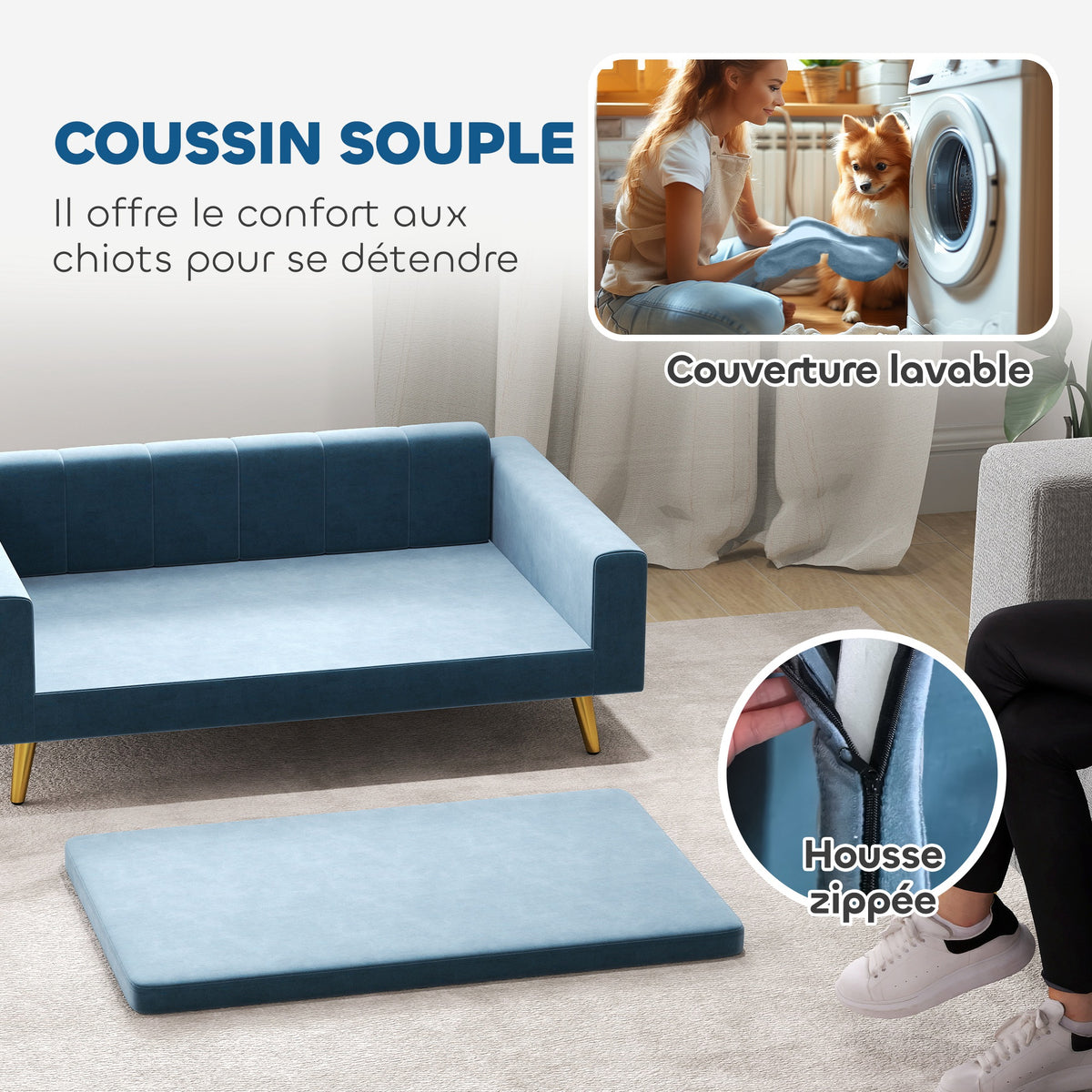 Canapé chien lit pour chien design scandinave coussin moelleux pieds métal doré 94 x 59,5 x 31,5 cm velours soyeux bleu