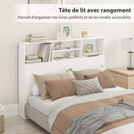 Tête de lit sur pied avec rangements, accessoire de lit 4 compartiments ouverts, 140 x 19 x 103,5 cm, blanc