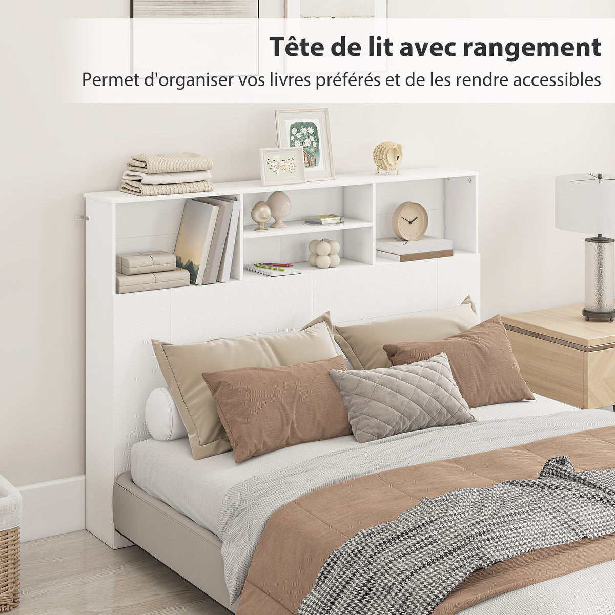 Tête de lit sur pied avec rangements, accessoire de lit 4 compartiments ouverts, 140 x 19 x 103,5 cm, blanc