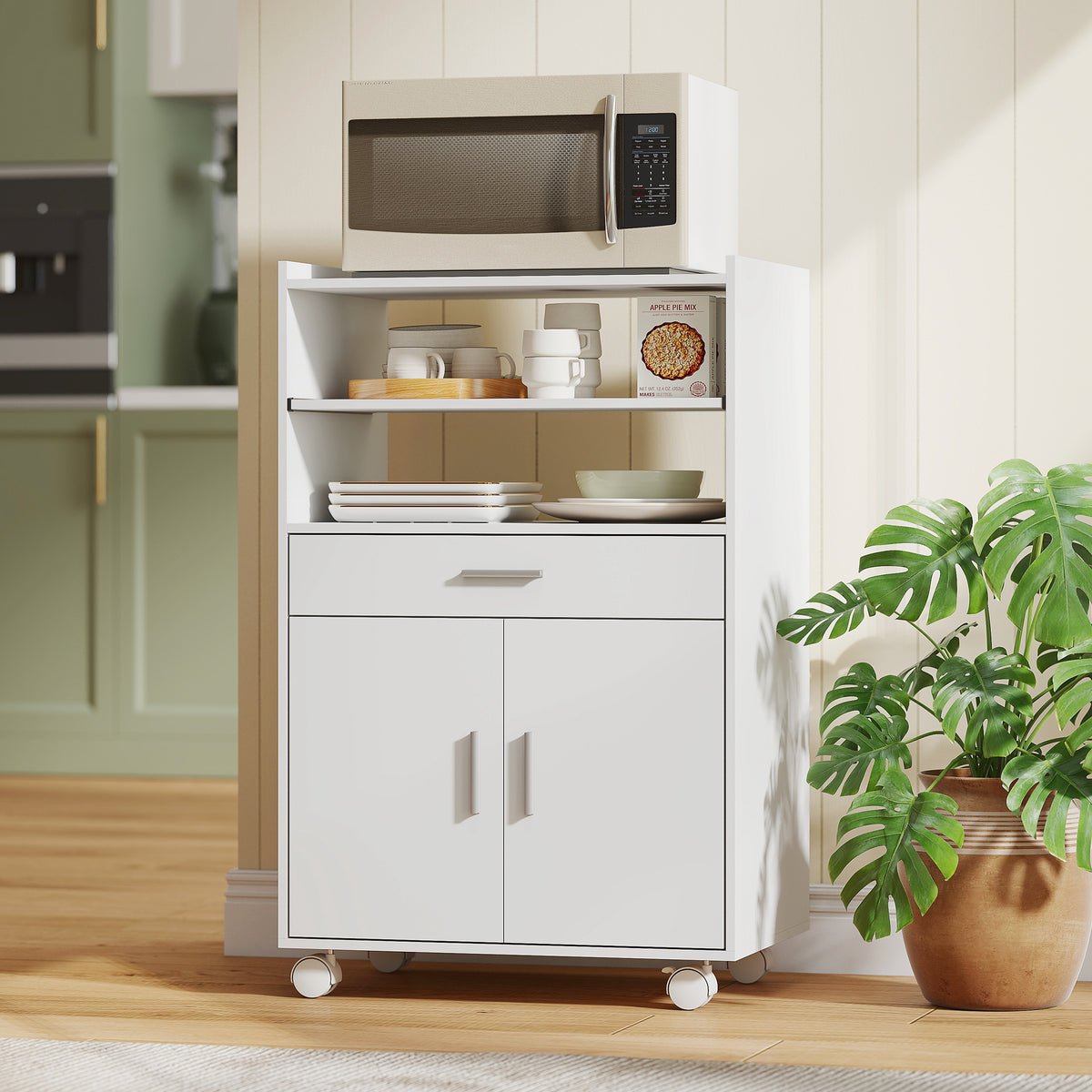 Carrito de cocina con ruedas, mueble auxiliar para microondas con armario, cajón y estantes, 59 x 40 x 92 cm, blanco