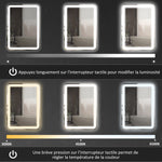 Miroir de salle de bain rectangulaire LED fonction anti-buée luminosité réglable fonction mémoire 70 x 90 cm argent