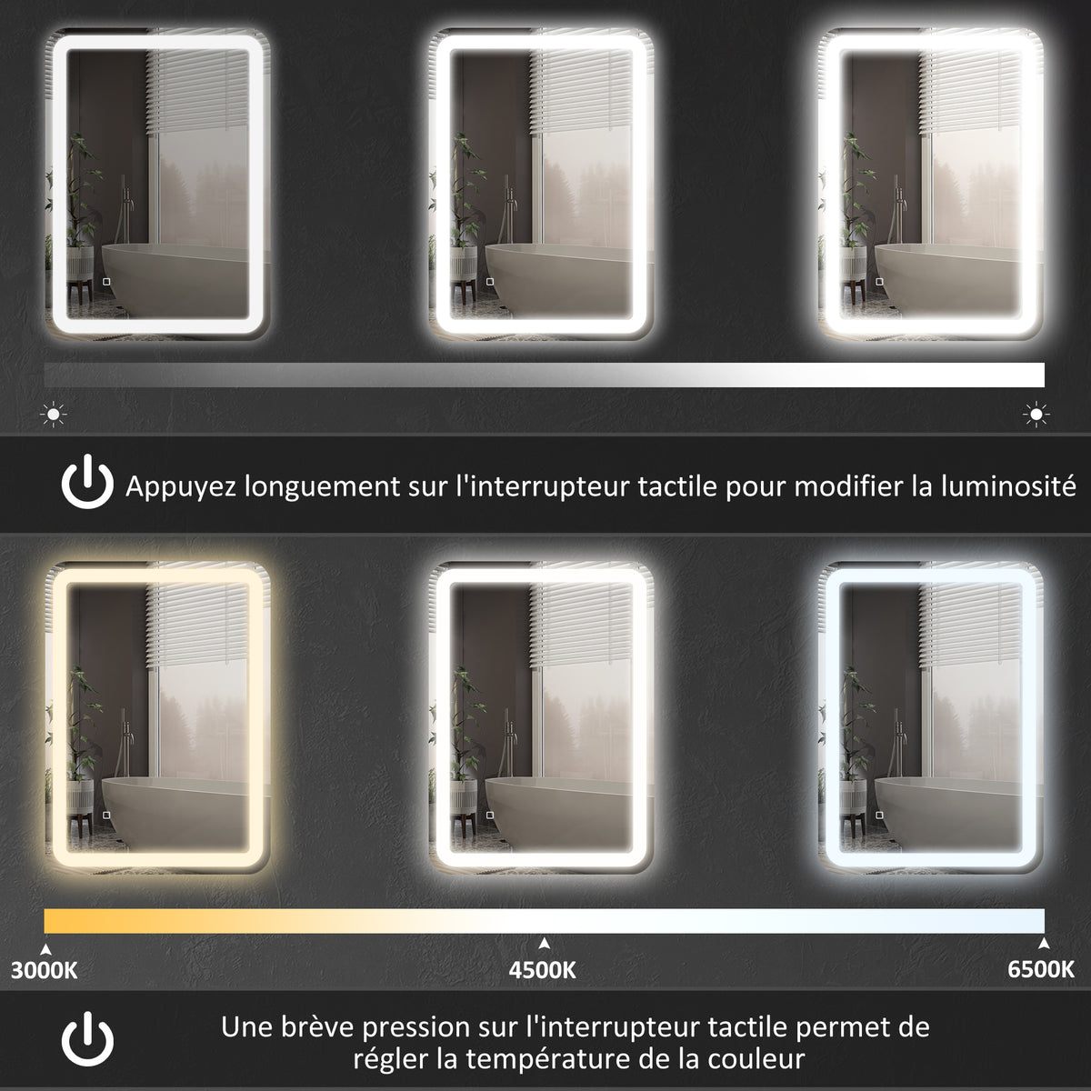 Miroir de salle de bain rectangulaire LED fonction anti-buée luminosité réglable fonction mémoire 70 x 90 cm argent
