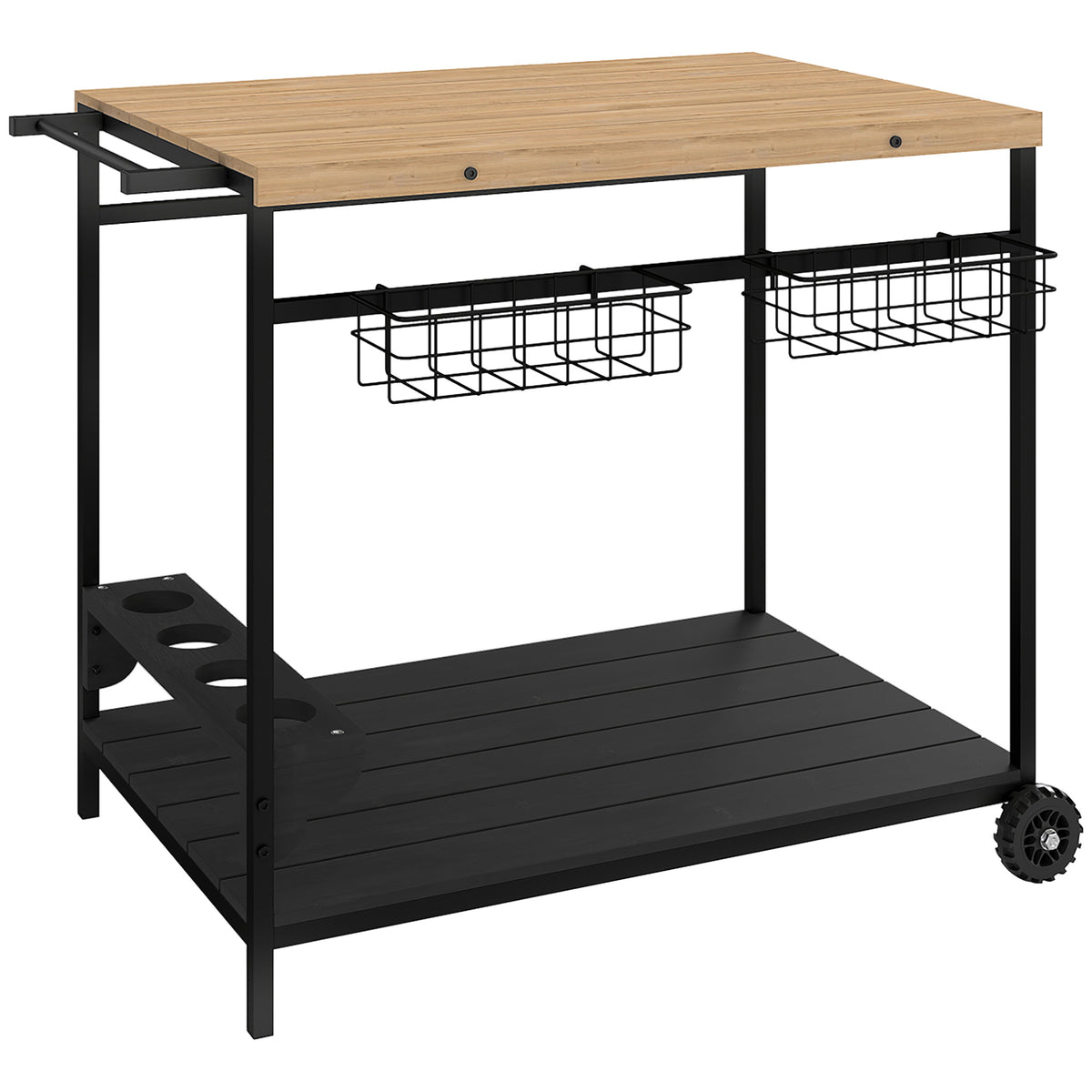 Desserte de jardin chariot pour plancha barbecue en bois et métal avec poignée 2 plateaux 2 paniers et porte-bouteilles