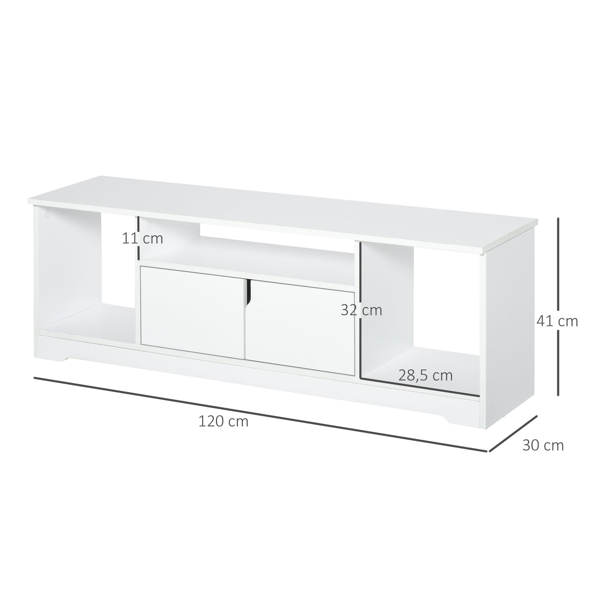Meuble TV Banc TV Design Contemporain - 3 niches, Placard Double Porte - dim. 120L x 30l x 41H cm - Panneaux Particules Blanc