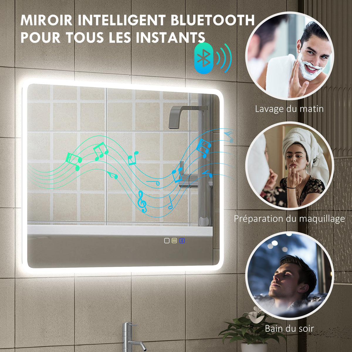 Miroir salle de bain LED bluetooth 70 x 90 cm interrupteur tactile lumière réglable 3 couleurs anti-buée mémoire argent