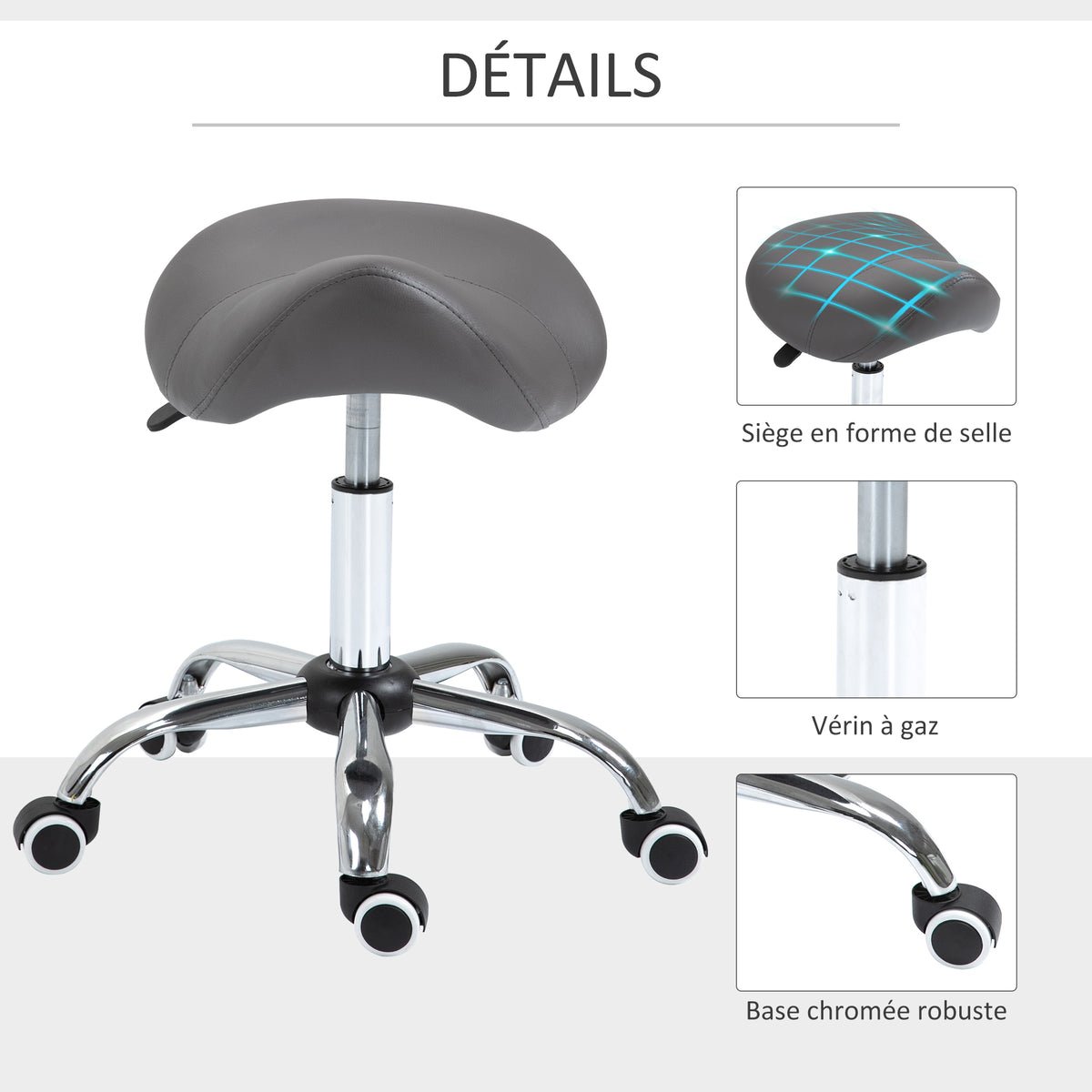 Kruk op wielen, massagekruk met in hoogte verstelbare zitting 49-61 cm en ergonomisch zadel, 360° draaibare werkstoel op wielen, voor massagesalon, tattoostudio, kliniek en spa, grijs