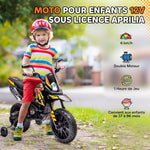Moto électrique enfants sous licence Aprilia avec 2 moteurs 12V, roues d'entraînement, lumière LED, musique - jaune
