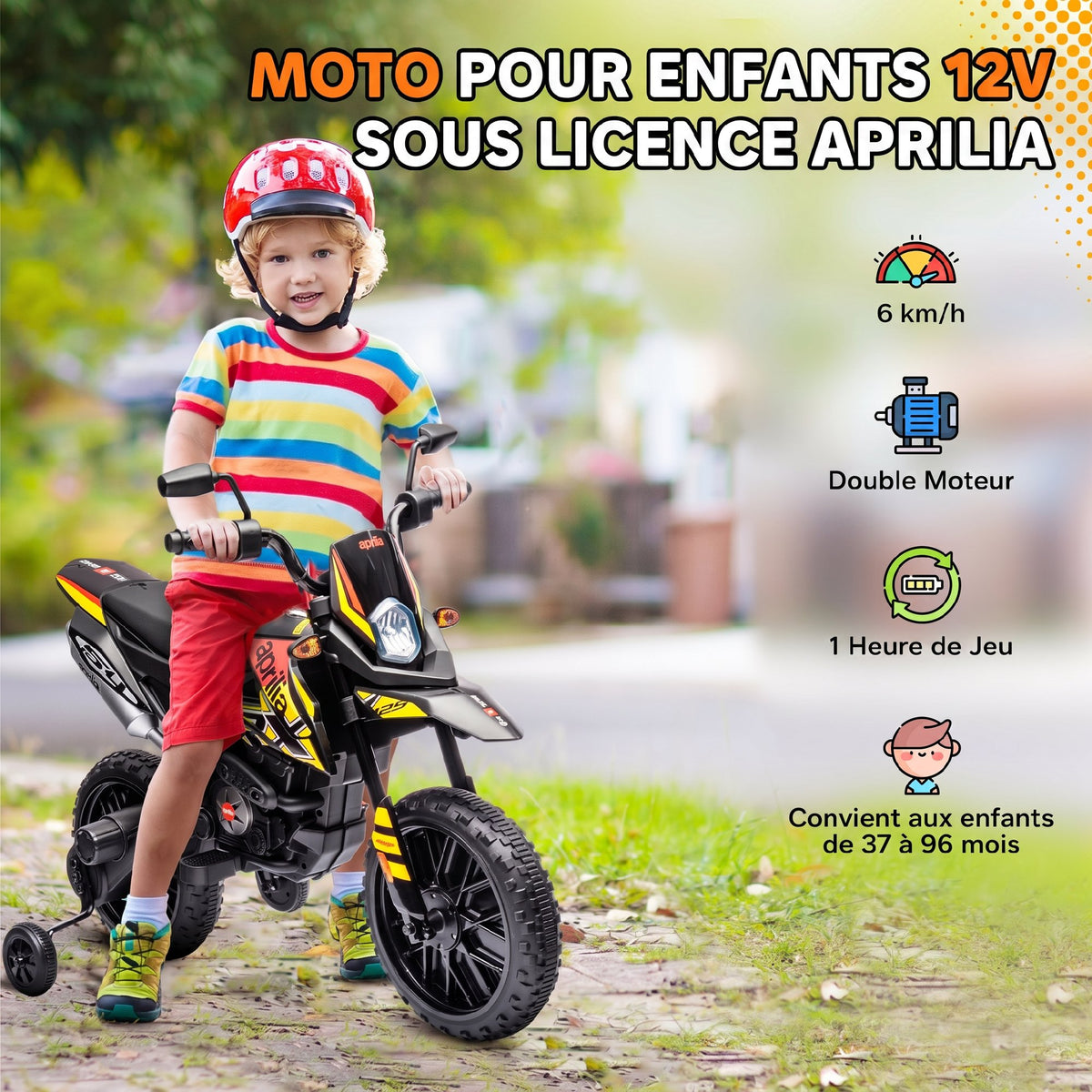 Moto électrique enfants sous licence Aprilia avec 2 moteurs 12V, roues d'entraînement, lumière LED, musique - jaune