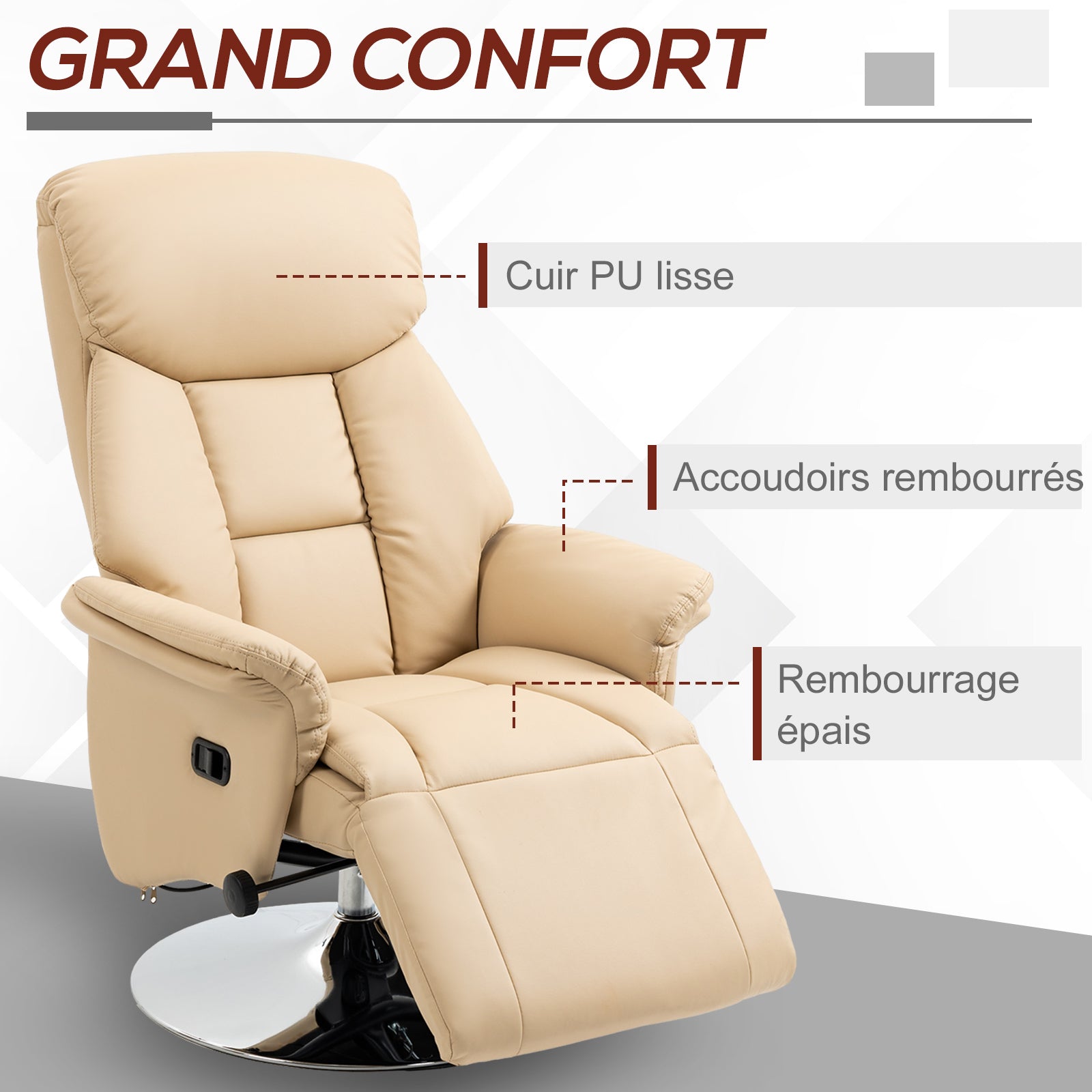 Fauteuil inclinable pivotant repose-pied réglable accoudoirs piètement acier chromé revêtement synthétique PU beige