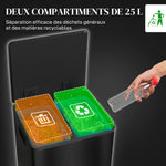 Poubelle de cuisine 2 compartiments de 2 x 25L, acier inoxydable, couvercle à fermeture douce, 47,7x37,5x56cm, noir
