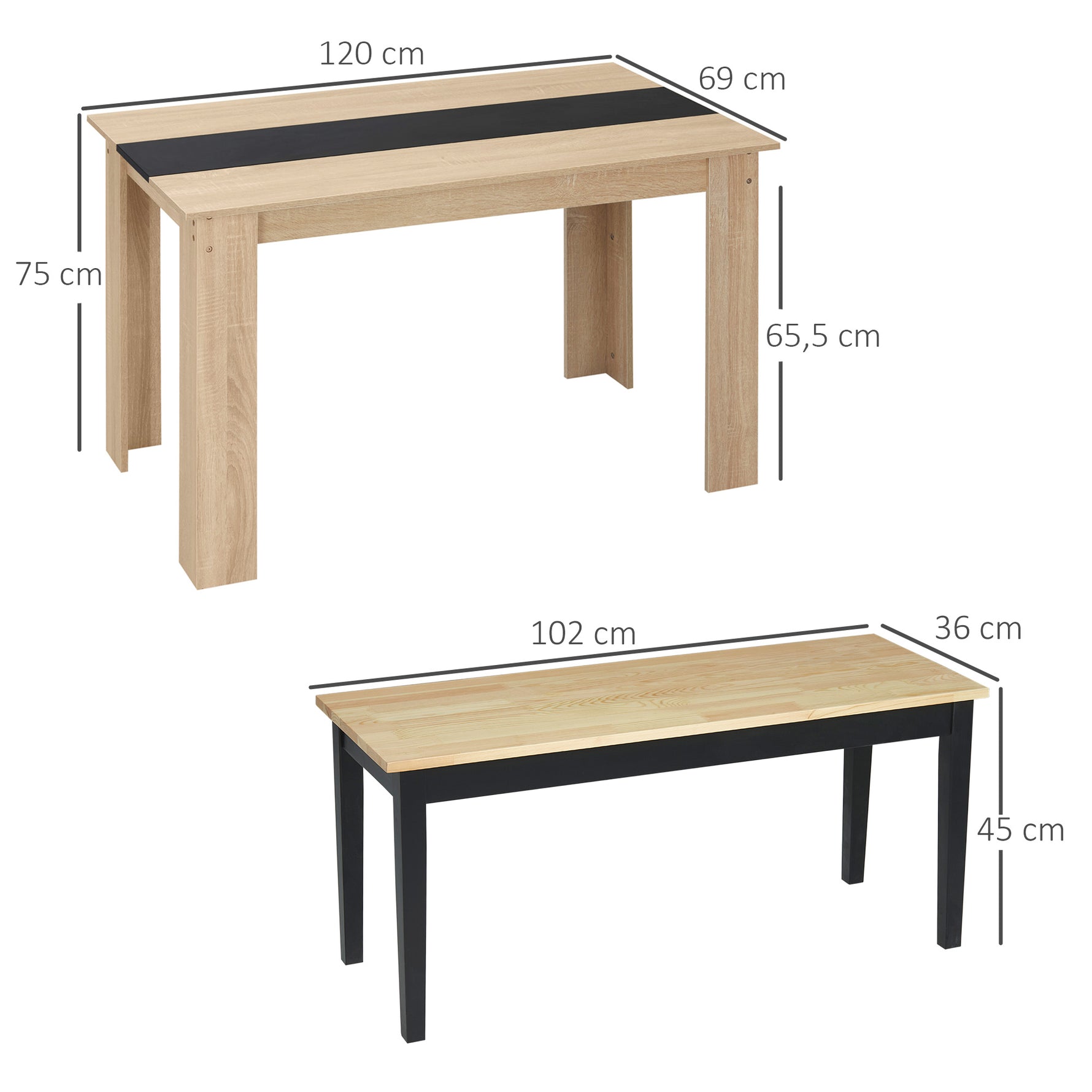 Ensemble Banc et Table à manger design moderne - grand plateau - assise confortable - en bois noir et naturel