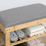 Meuble à Chaussures Banc à Chaussures 2 étagères Coussin Gris intégré Bambou