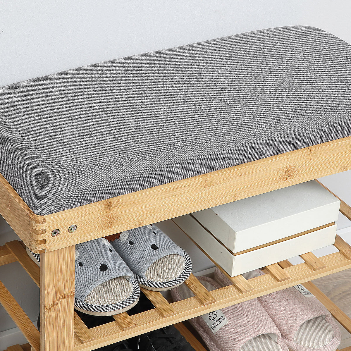 Meuble à Chaussures Banc à Chaussures 2 étagères Coussin Gris intégré Bambou