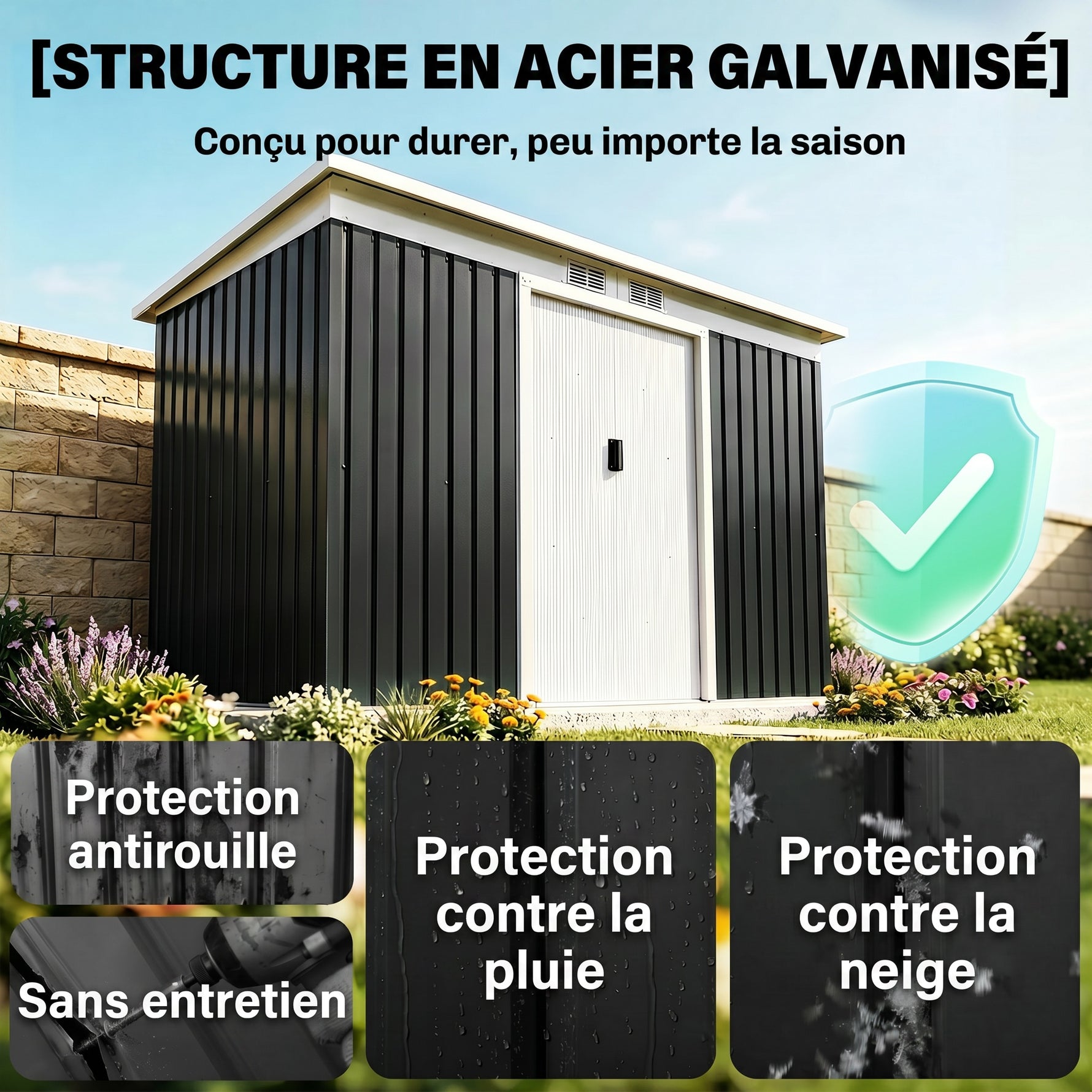 Abri de jardin en acier galvanisé XXL 3,6 m² avec kit de fondation 280 x 130 x 172 cm, cabane de jardin cabanon rangement outils avec portes coulissantes verrouillables aérations, noir