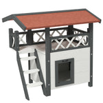 Cabane Chat Extérieur avec Terrasse, Escalier, Toit, Niche Villa, 77 x 50 x 73 cm Blanc et Rouge