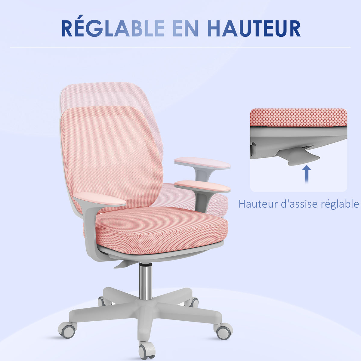 Fauteuil de bureau, chaise de bureau ergonomique en maille, hauteur réglable, 55x48x82,5-94,5cm, rose