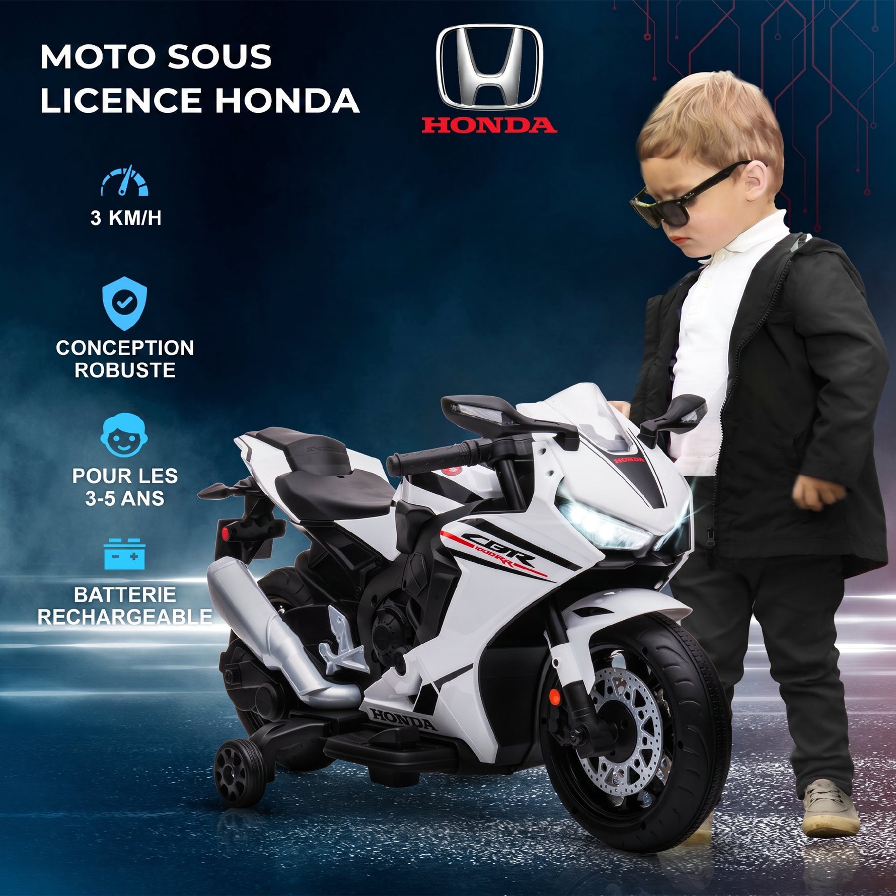 Moto Électrique Enfants sous Licence HONDA 6 V, 3 Km/h, Musique & Lumière, 2 Roues d'Entraînement, Blanc