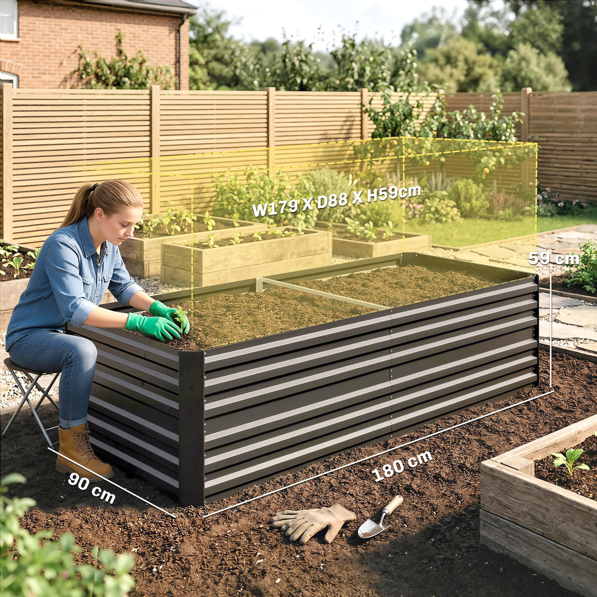 Carré potager de jardin rectangulaire tubes de renforcement acier galvanisé 180 x 90 x 59 cm