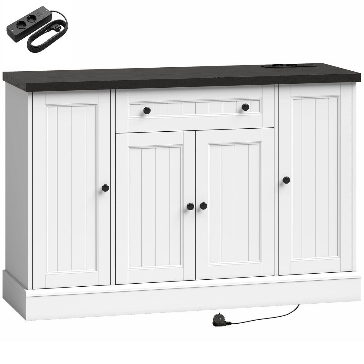Buffet Salon avec Station de Charge, Meuble de Rangement avec 4 Portes, Tiroir, Étagères Réglables, Blanc et Noir
