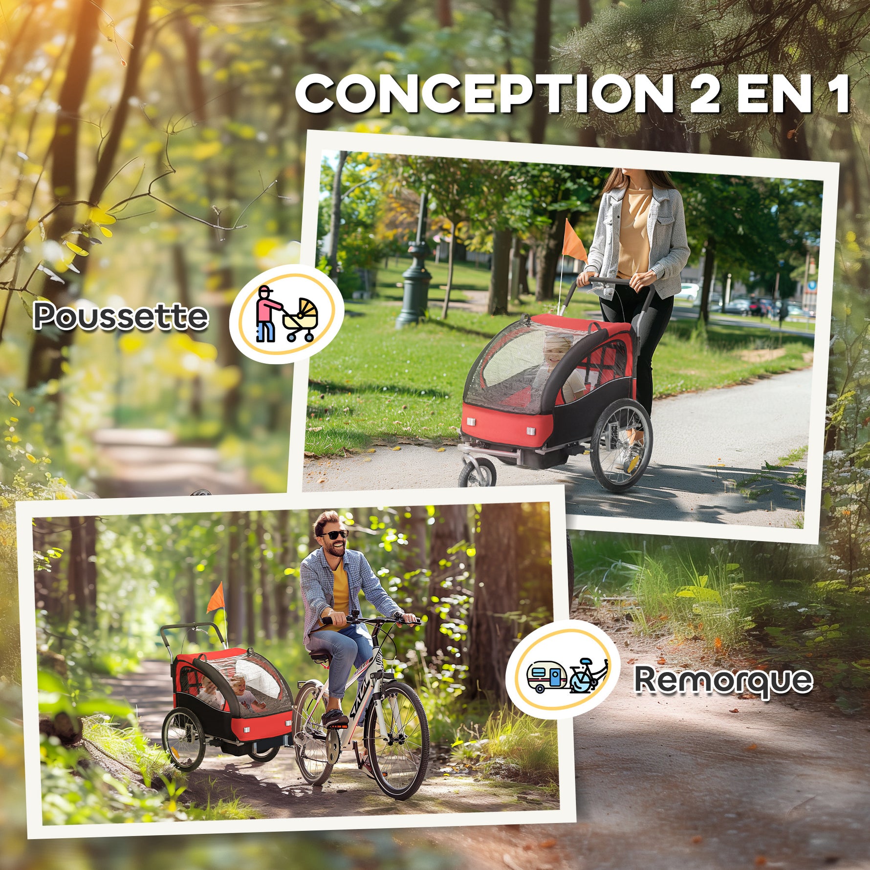Remorque vélo enfant 2 en 1 avec ceinture de sécurité 5 points, réflecteurs, drapeau et rideau coupe-vent, rouge