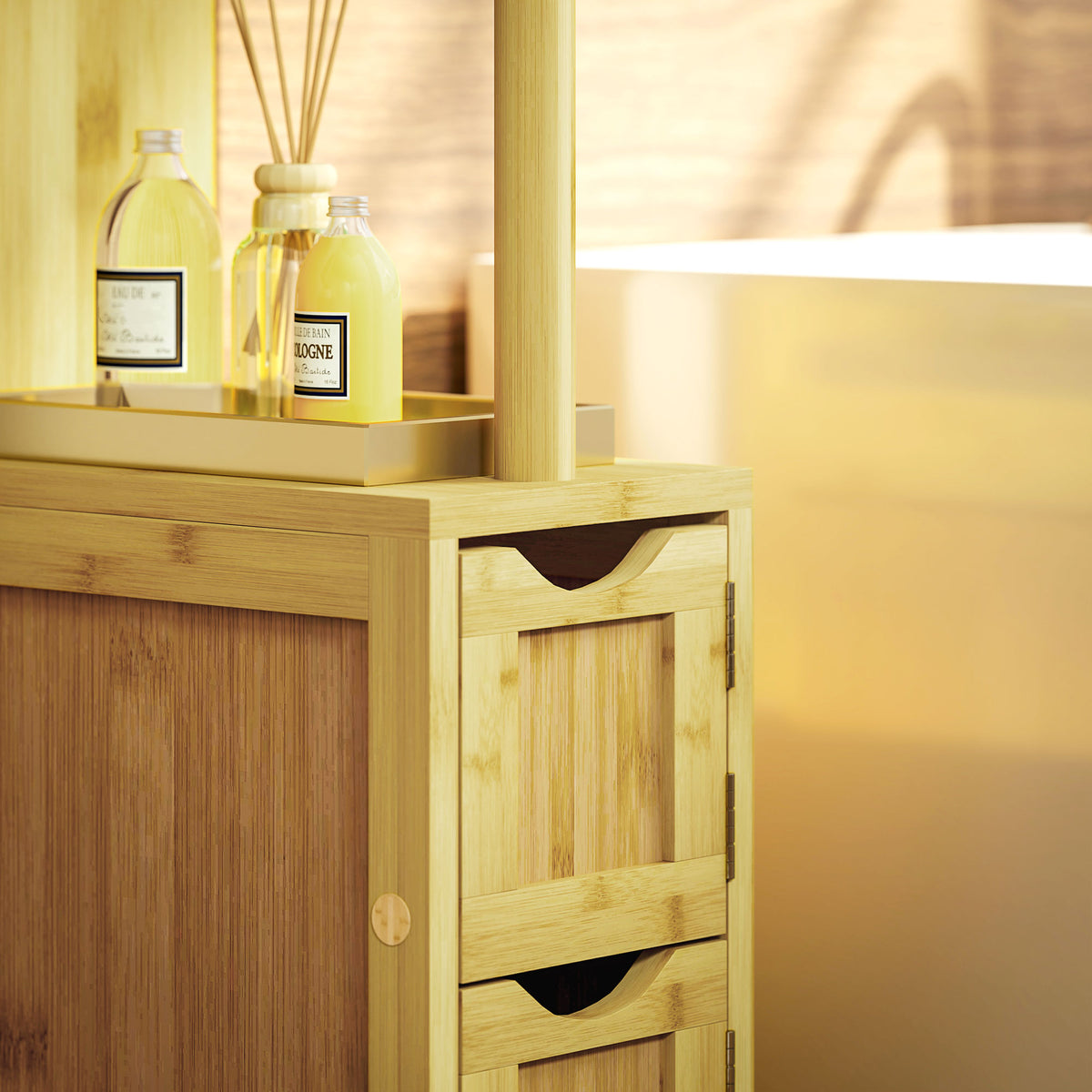 Colonne de salle de bain meuble de salle de bain avec 2 étagères 2 placards en bambou 18l x 30P x 120H cm bois naturel
