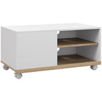 Meuble TV sur roulettes avec 2 Freins - 2 niches + Placard Porte 2 Passe-Fil - en bois Blanc chêne Clair